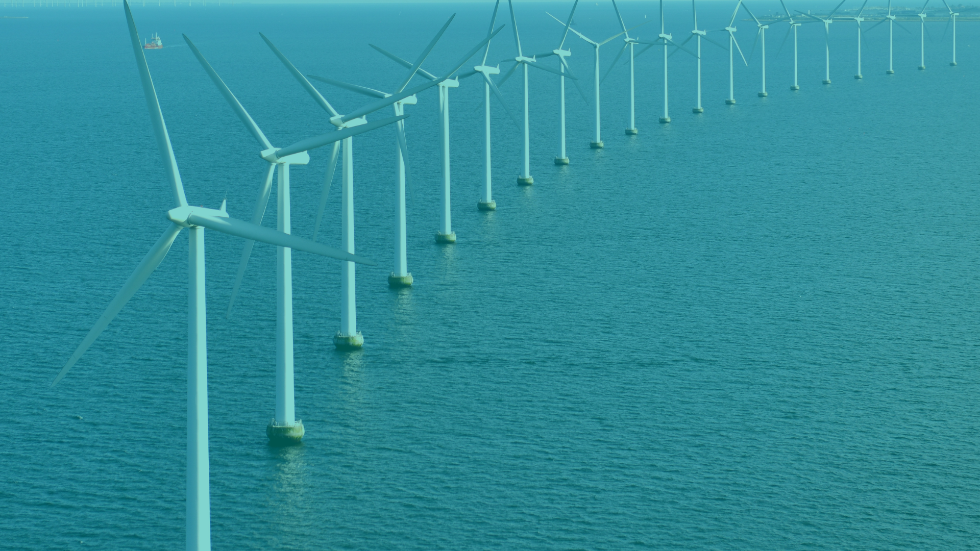 Nineteen wind turbines in a line standing in the sea