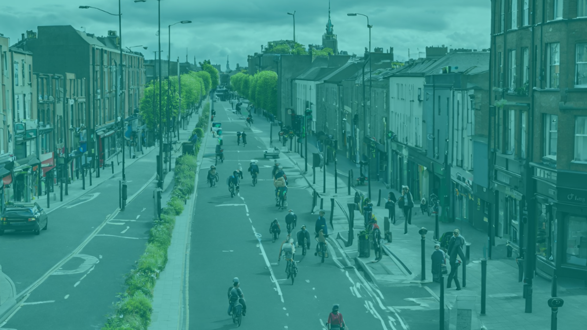 AI generated image of people cycling in bike lanes in Dublin